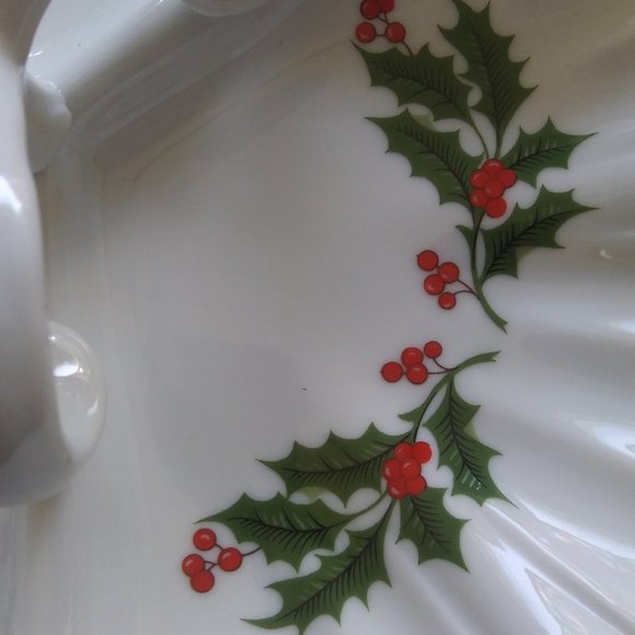 Porcelain three section Relish candy Christmas dish Holly Gold Trim - Picture 8 of 15